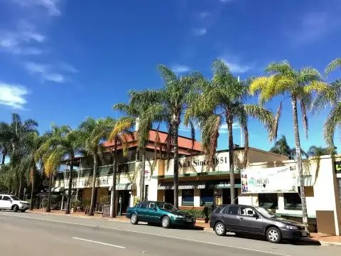 Two-storey hotel with a verandah and green awnings behind a row of tall palms, beside the road