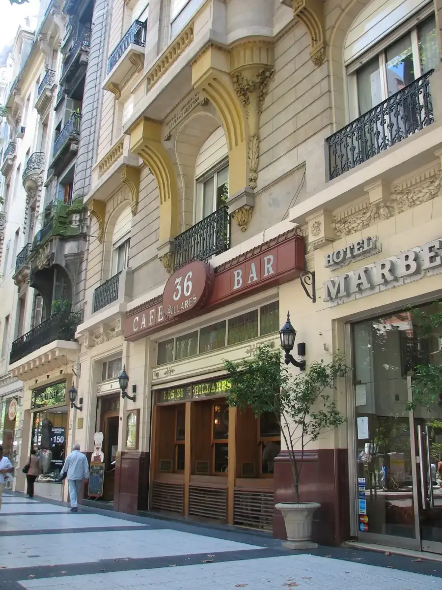 Café front on Avenida de Mayo with a round 36 Billares sign and CAFE BAR lettering over the windows