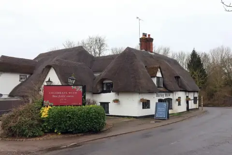 White-painted thatched pub with sweeping roofs and a brick chimney, beside a village lane