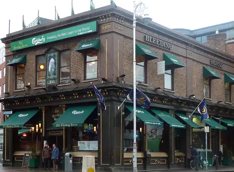 The Bleeding Horse with green awnings and the painted horse sign between the upper windows