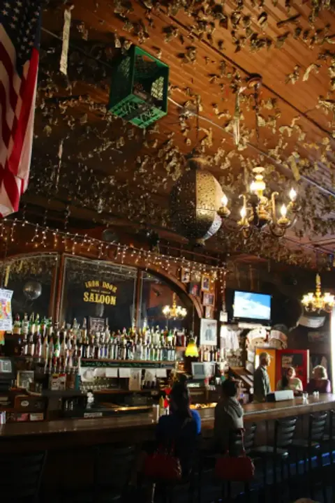 Long saloon bar under a timber ceiling covered in pinned dollar bills, with a mirrored back bar
