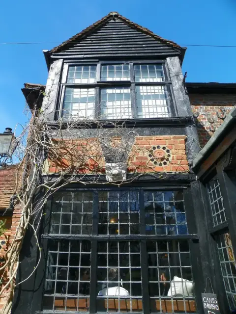 Jettied timber gable above large leaded windows, with a bare wisteria climbing the brickwork