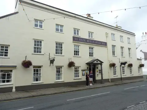Long cream Georgian inn front with a purple name board and two black cut-metal bull signs